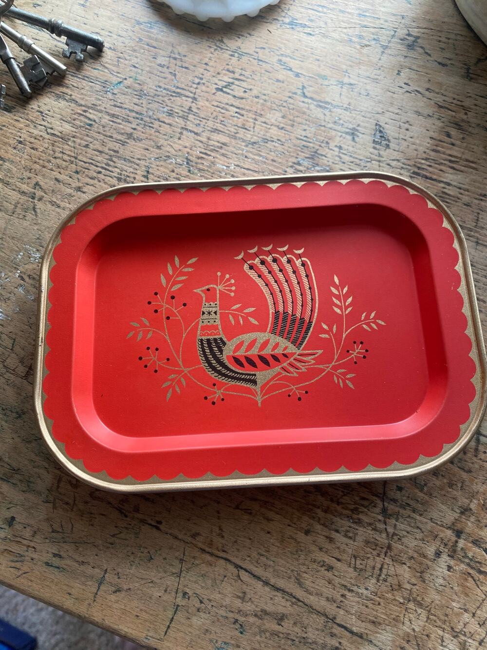 Vintage Fabcraft Red Gold Metal Peacock small trays 5"x7" set of 4 MCM